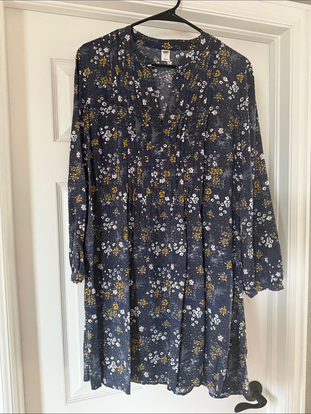 Old Navy Navy Floral Long Sleeve Swing Dress with Mustard Accents